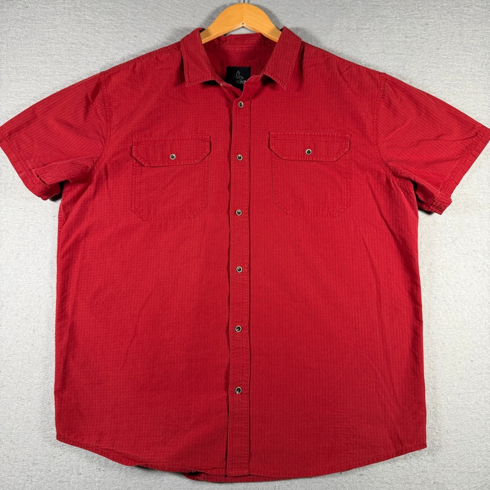Prana Mens Short Sleeve‎ Button Down Shirt Red Textured XL Dual Chest Pockets